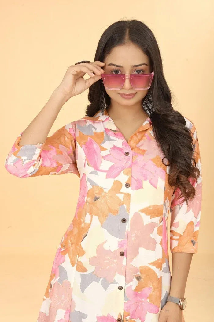 Premium Pure Cotton Pink Printed A-Line Midi Dress