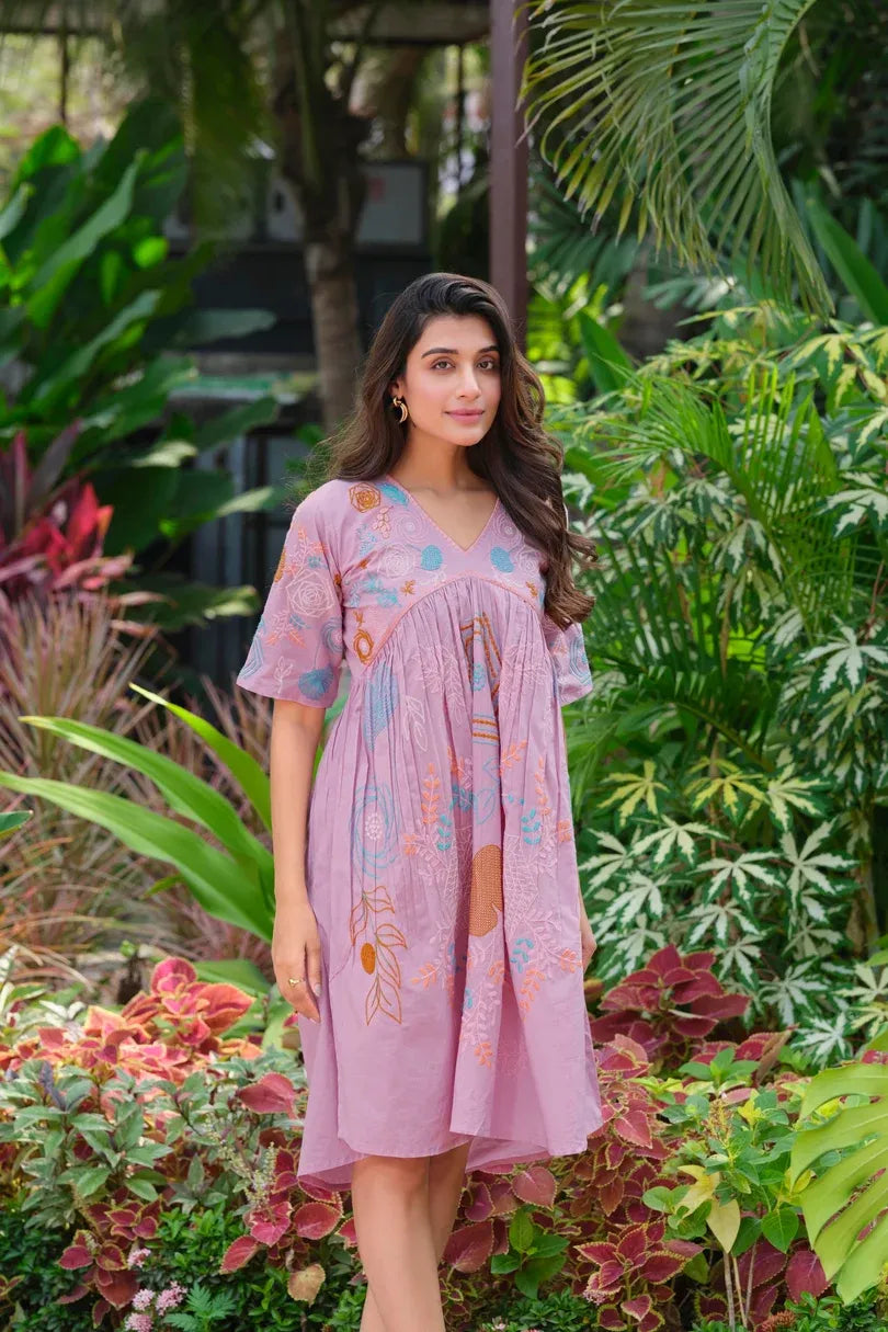 Premium Pure Cotton Pink Heavy Embroidered V-Neck Dress