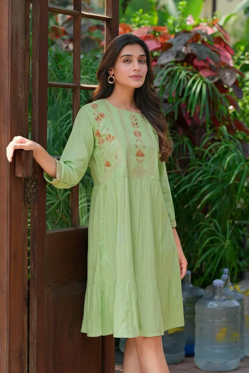Premium Pure Cotton Pista Heavy Embroidered Flared Tunic