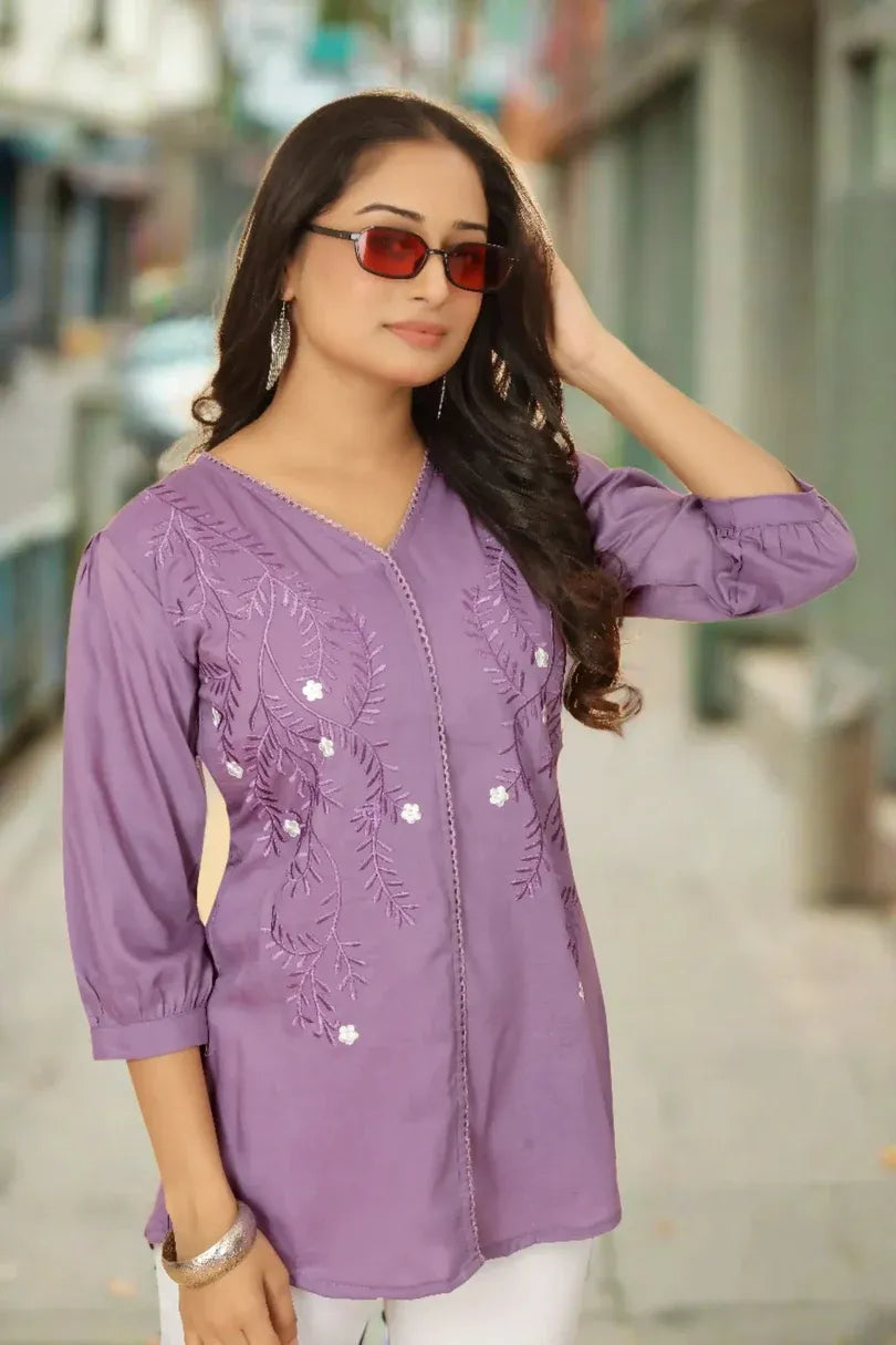 Premium Pure Cotton Purple Embroidered V-Neck Top