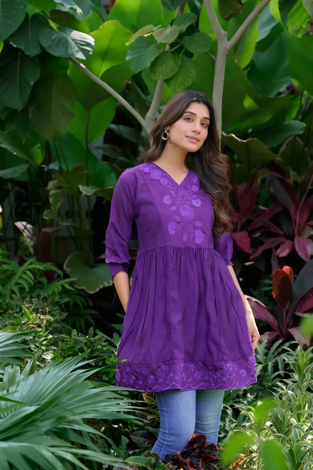 Premium Pure Cotton Purple Embroidered V-Neck Tunic