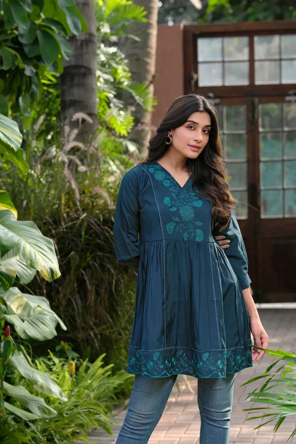 Premium Pure Cotton Rama Embroidered V-Neck Tunic