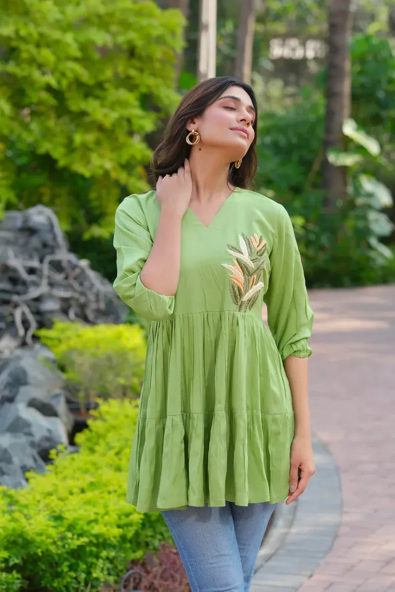 Premium Pure Cotton Green Handwork V-Neck Flared Tunic