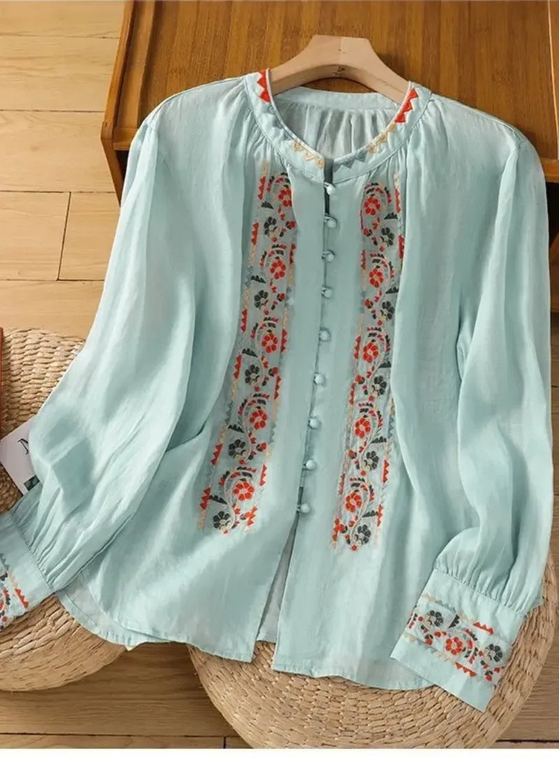 Premium Pure Cotton Floral Sky Blue Embroidered Button-Front Top