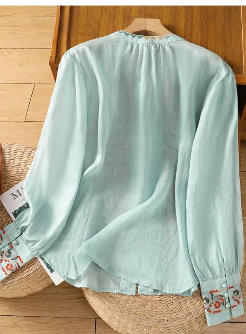 Premium Pure Cotton Floral Sky Blue Embroidered Button-Front Top