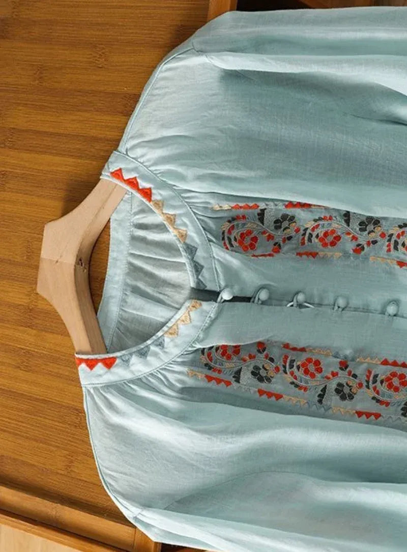 Premium Pure Cotton Floral Sky Blue Embroidered Button-Front Top