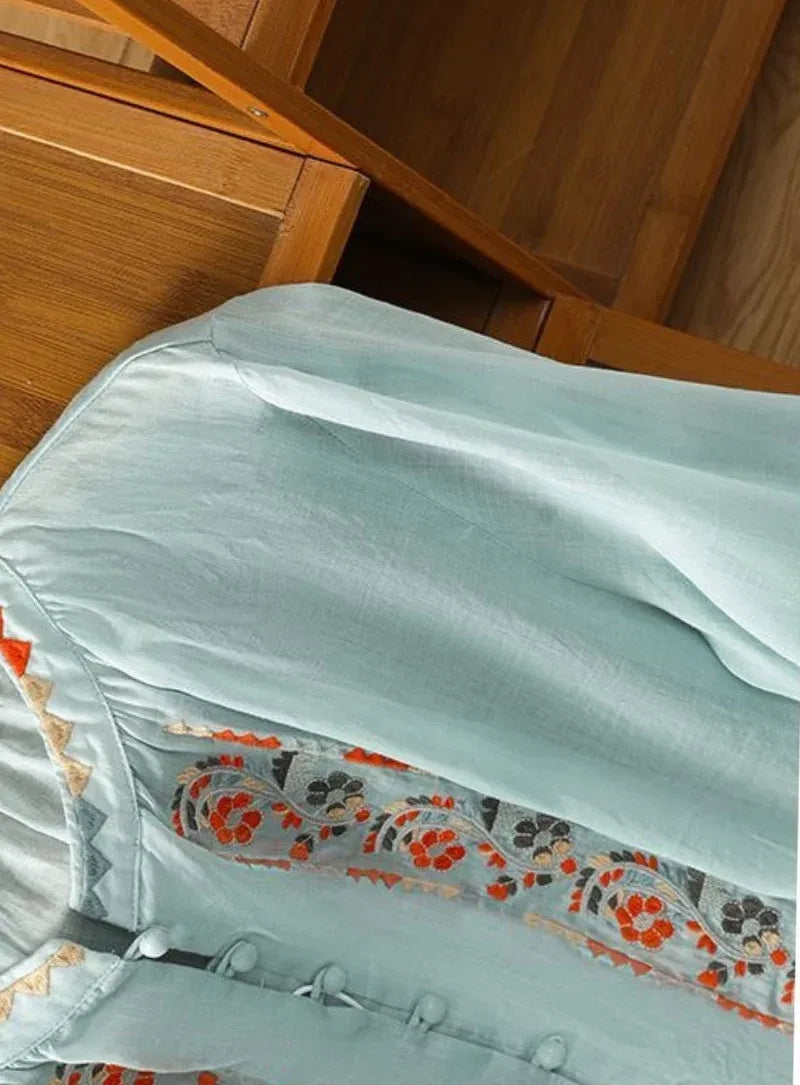 Premium Pure Cotton Floral Sky Blue Embroidered Button-Front Top