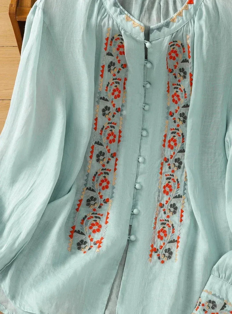 Premium Pure Cotton Floral Sky Blue Embroidered Button-Front Top