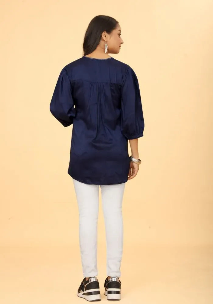 Premium Pure Cotton Blue Floral Embroidered V-Neck Top