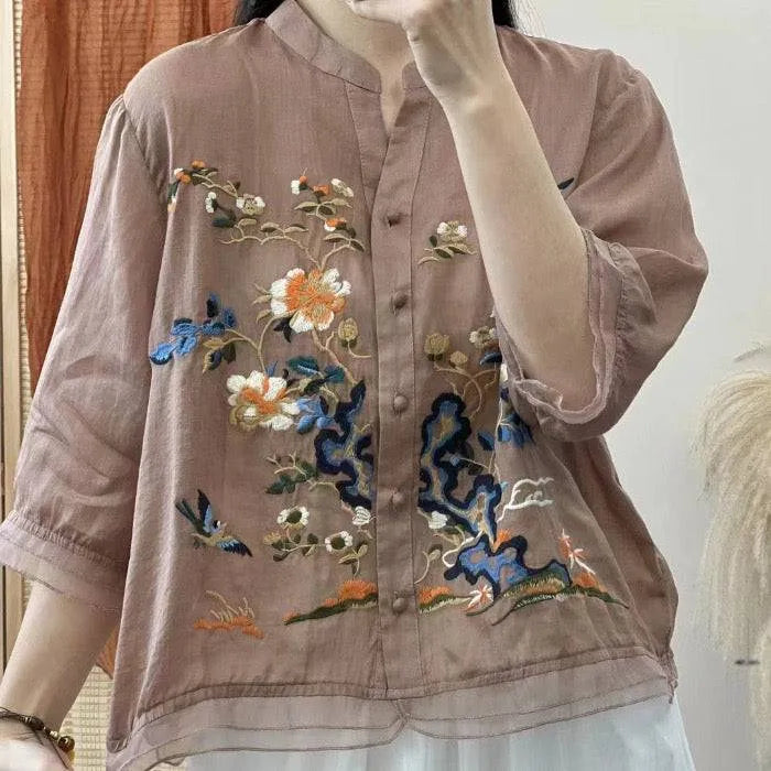 Premium Pure Cotton Brown Heavy Embroidered V-Neck Top
