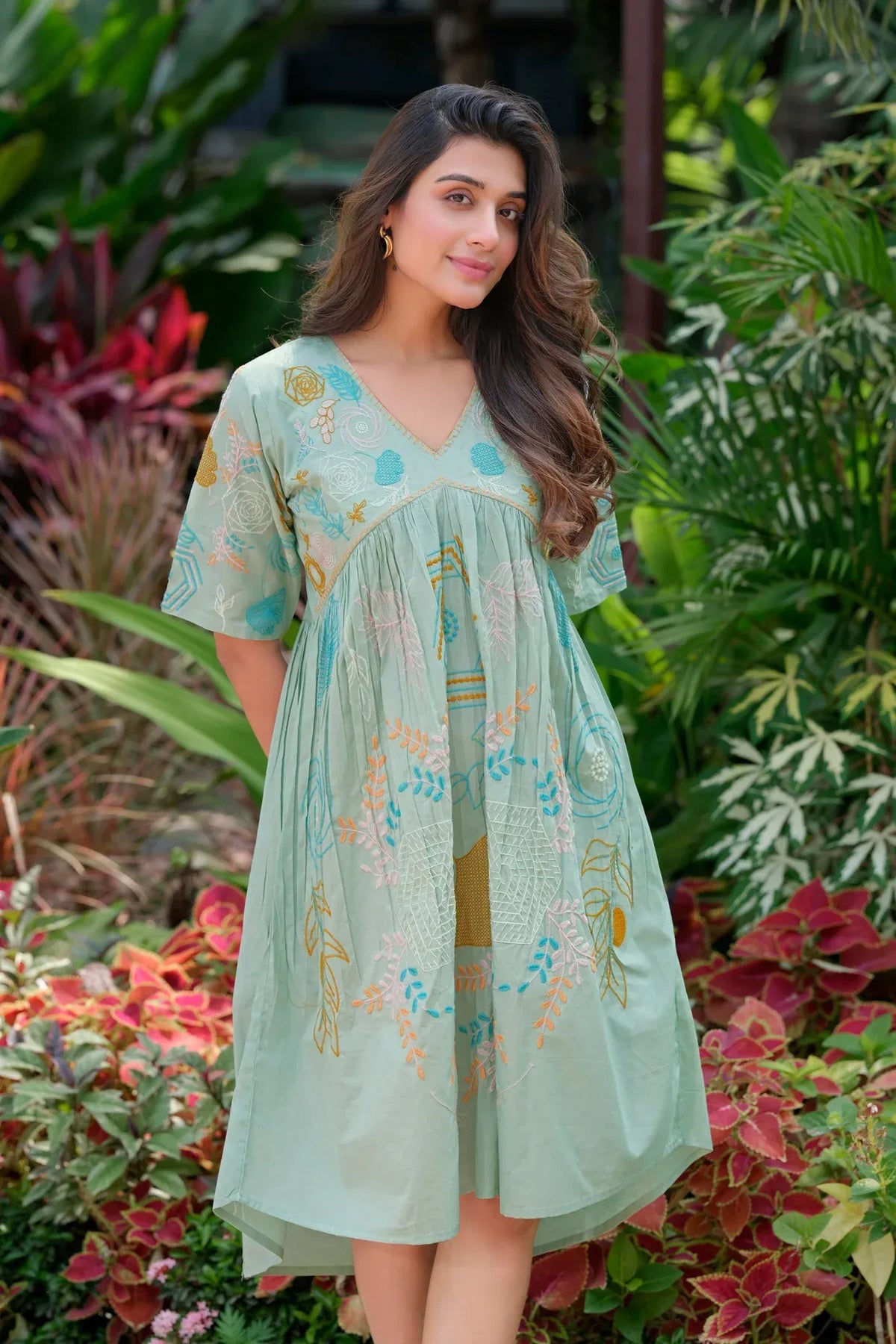 Premium Pure Cotton Green Heavy Embroidered V-Neck Dress