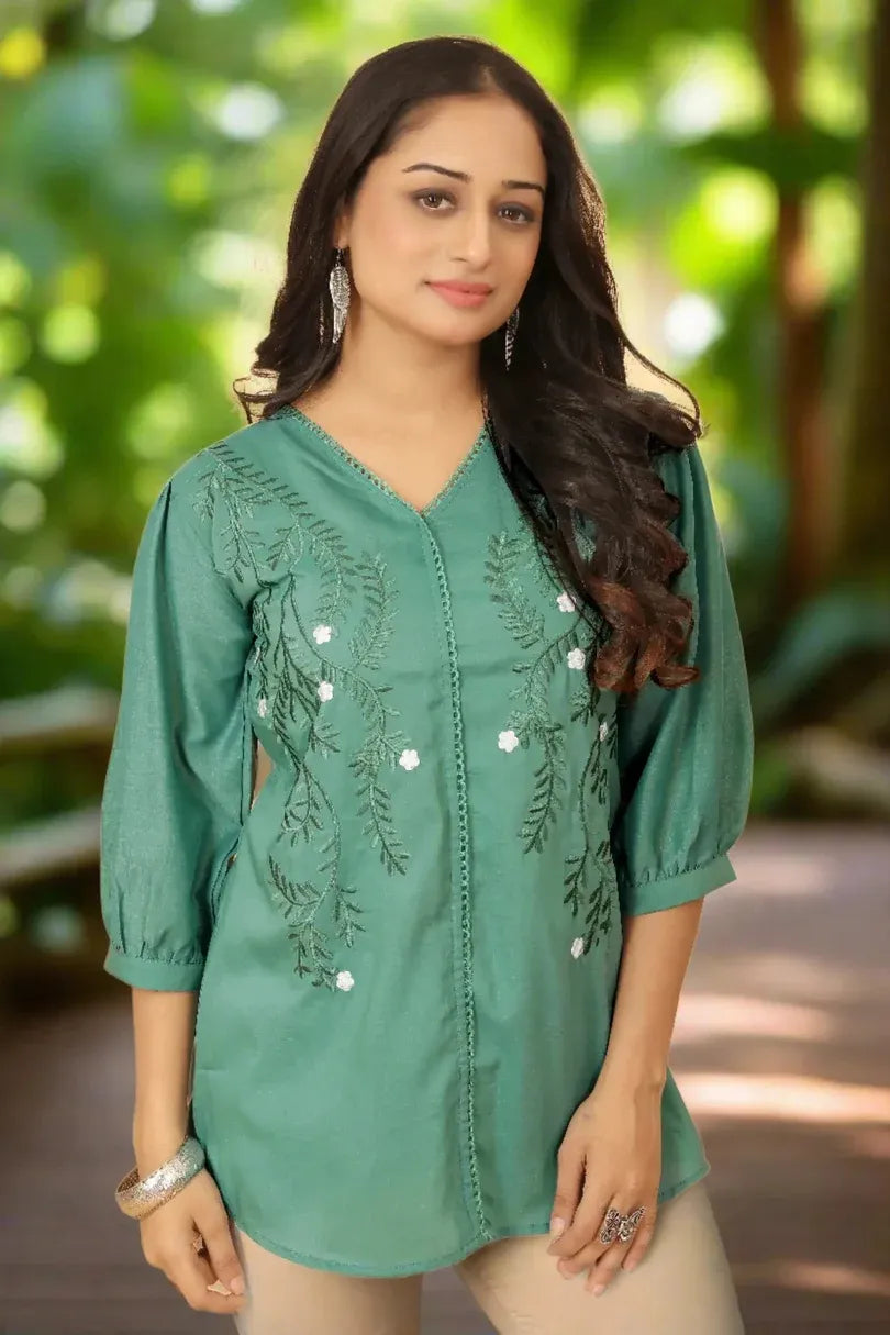Premium Pure Cotton Green Embroidered V-Neck Top