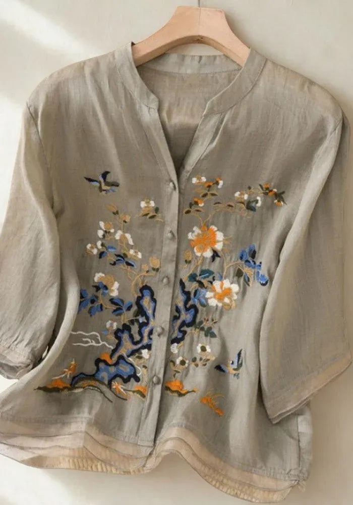 Premium Pure Cotton Grey Heavy Embroidered V-Neck Top