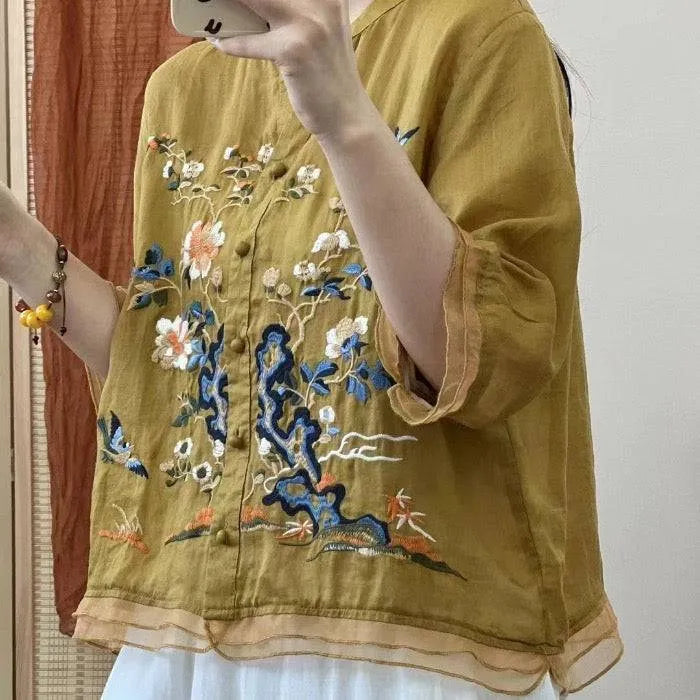 Premium Pure Cotton Mustard Heavy Embroidered V-Neck Top