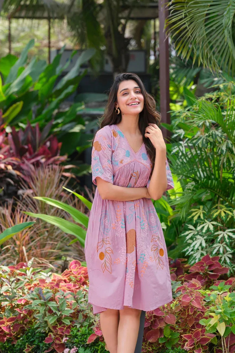 Premium Pure Cotton Pink Heavy Embroidered V-Neck Dress
