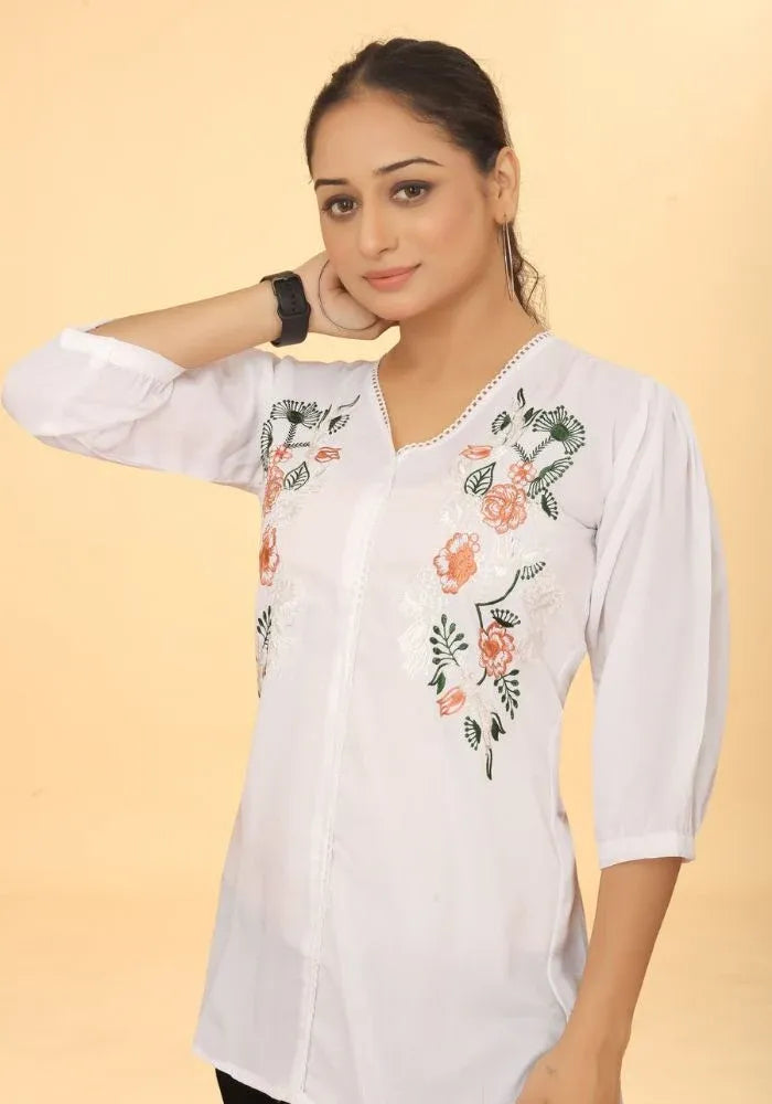 Elegant Pure Cotton White Floral Embroidered V-Neck Top