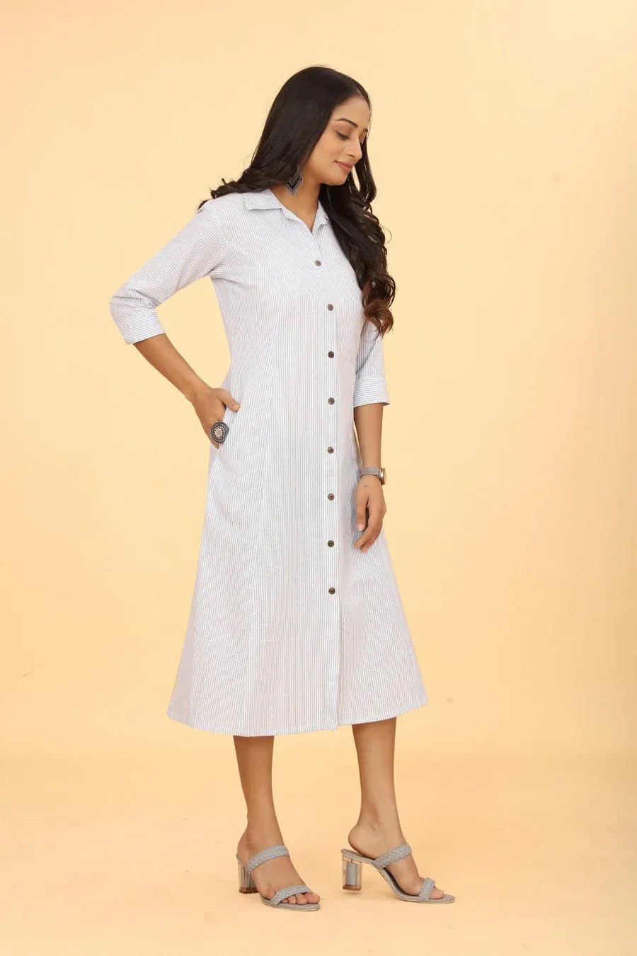 Premium Pure Cotton White Printed A-Line Midi Dress
