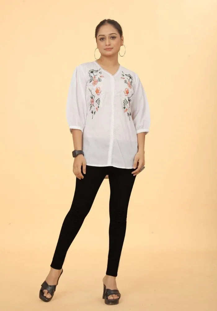 Elegant Pure Cotton White Floral Embroidered V-Neck Top