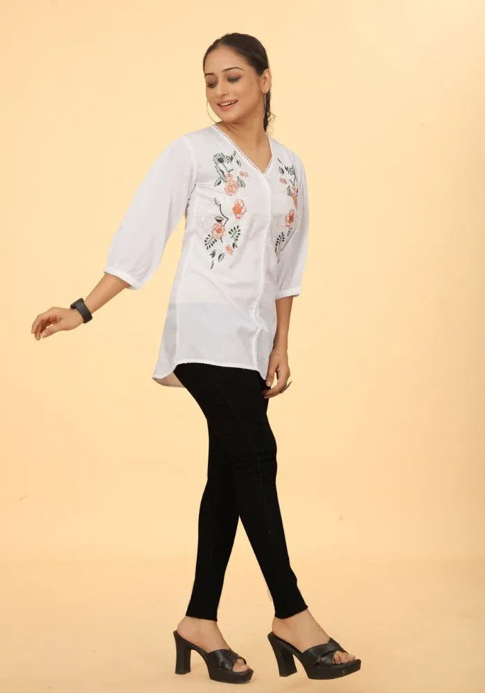 Elegant Pure Cotton White Floral Embroidered V-Neck Top