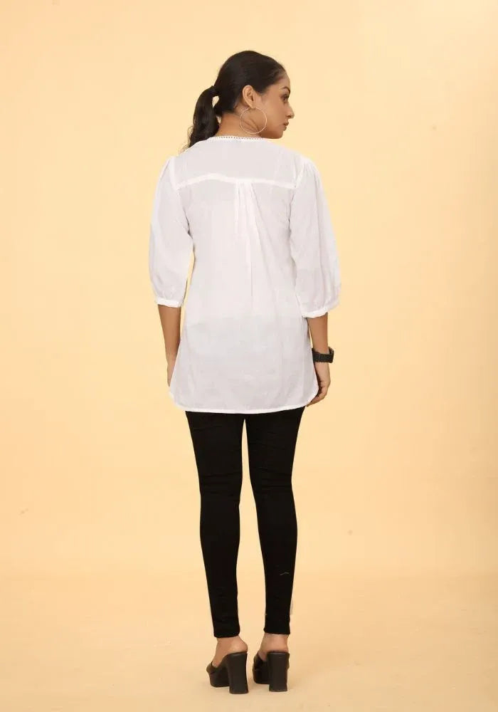 Elegant Pure Cotton White Floral Embroidered V-Neck Top