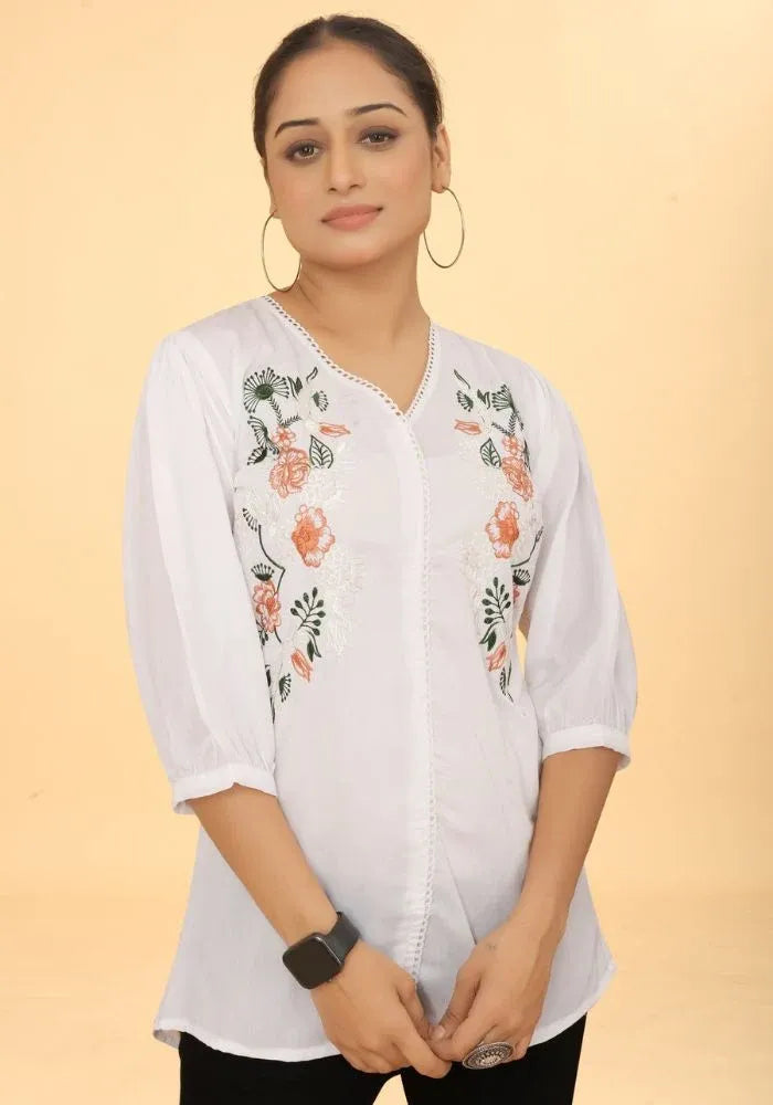 Elegant Pure Cotton White Floral Embroidered V-Neck Top