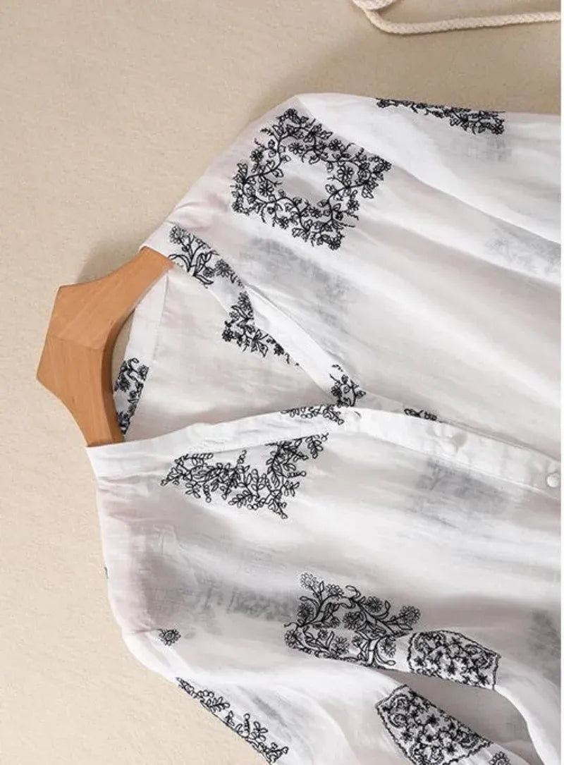 Elegant Pure Cotton White Floral Embroidered Layered Top