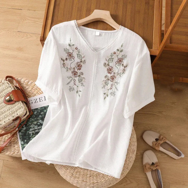 Premium Pure Cotton Floral Embroidered White V-Neck Top