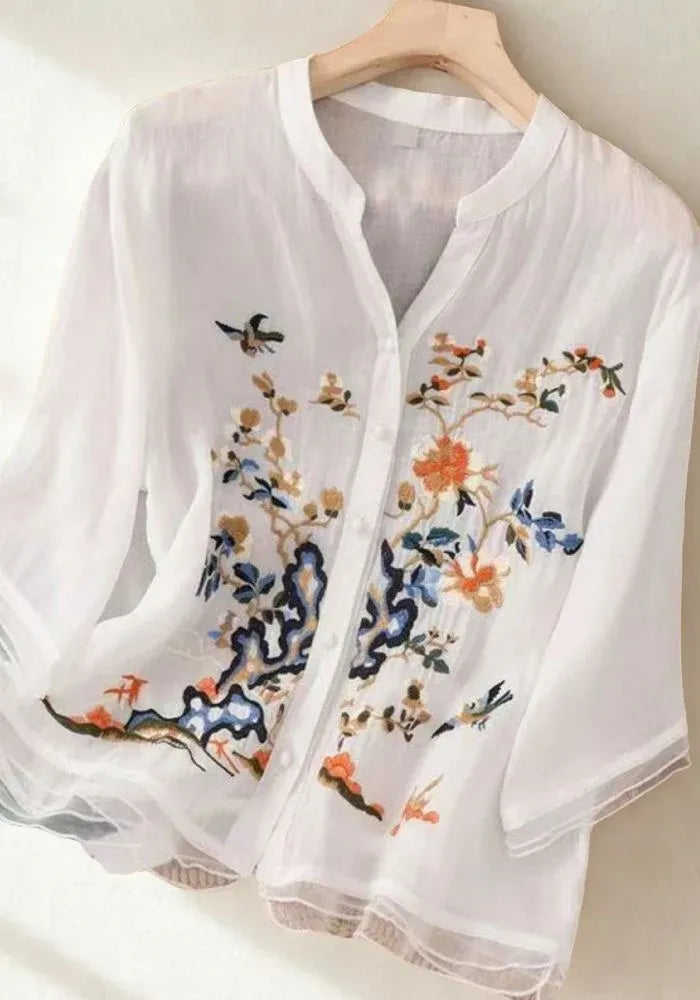Premium Pure Cotton White Heavy Embroidered V-Neck Top