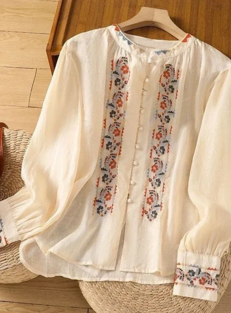 Premium Pure Cotton Floral Cream Embroidered Button-Front Top