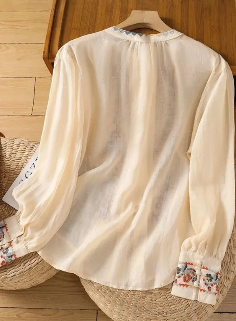 Premium Pure Cotton Floral Cream Embroidered Button-Front Top