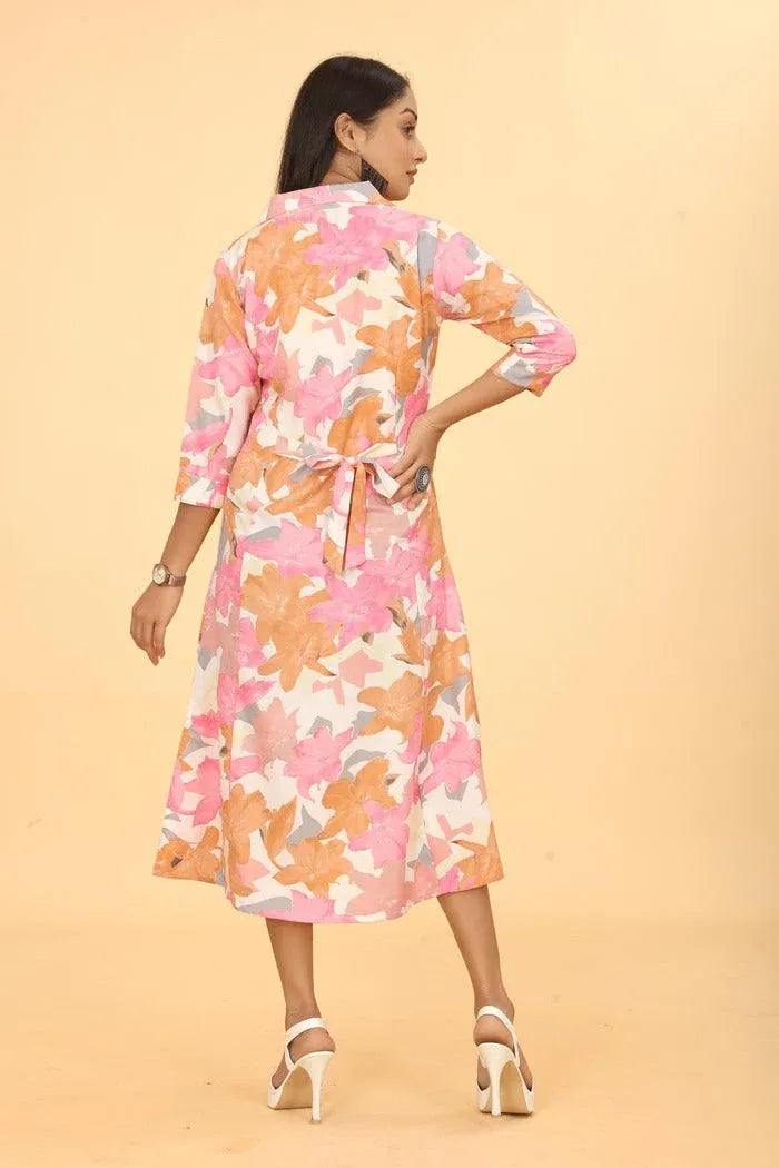 Premium Pure Cotton Pink Printed A-Line Midi Dress